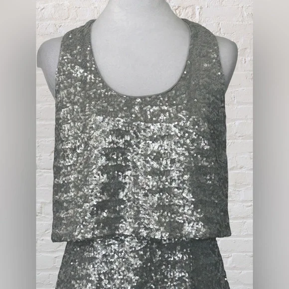 Laundry Shelli Segal Silver Shift Sequined Cocktail Event Dress M 6 Old Money - Picture 3 of 13